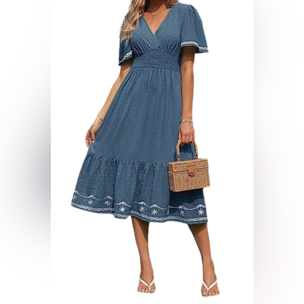 Blue Midi Boho Dress with Embroidered Details by Simplee Size Small NWT